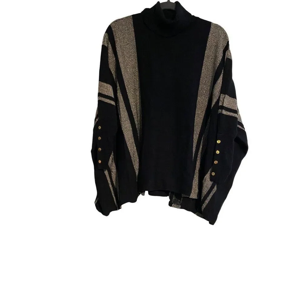 Alfani PXL Black & Metallic Pullover Sweater Top Gold Button Accents Boxy Chic